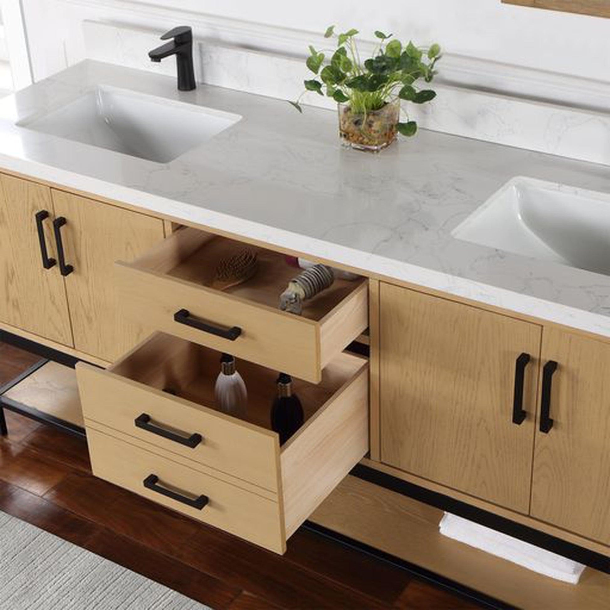 Altair Wildy 72" Washed Oak Freestanding Double Bathroom Vanity Set With Mirror, Stylish Composite Grain White Stone Top, Two Rectangular Undermount Ceramic Sinks, Overflow, and Backsplash