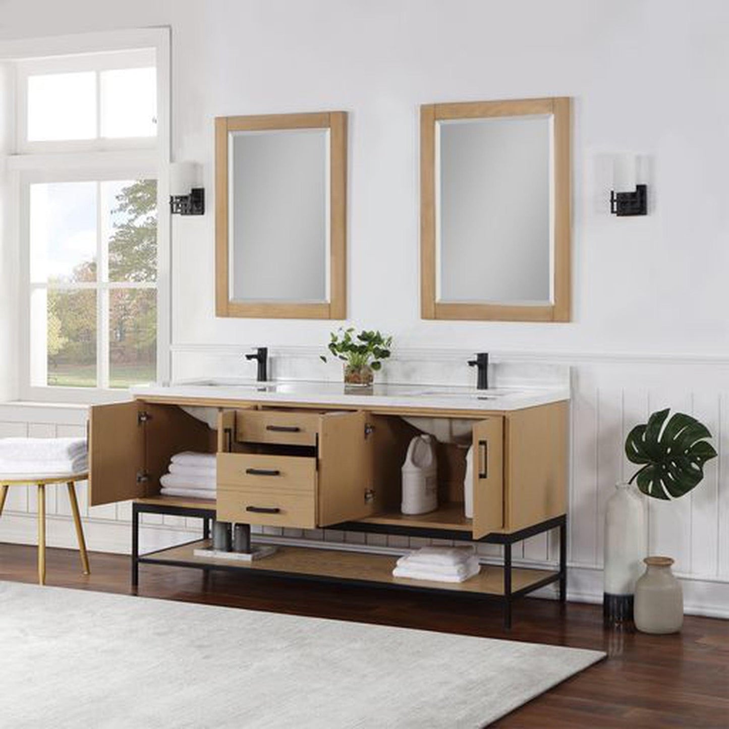 Altair Wildy 72" Washed Oak Freestanding Double Bathroom Vanity Set With Mirror, Stylish Composite Grain White Stone Top, Two Rectangular Undermount Ceramic Sinks, Overflow, and Backsplash