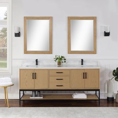 Altair Wildy 72" Washed Oak Freestanding Double Bathroom Vanity Set With Mirror, Stylish Composite Grain White Stone Top, Two Rectangular Undermount Ceramic Sinks, Overflow, and Backsplash