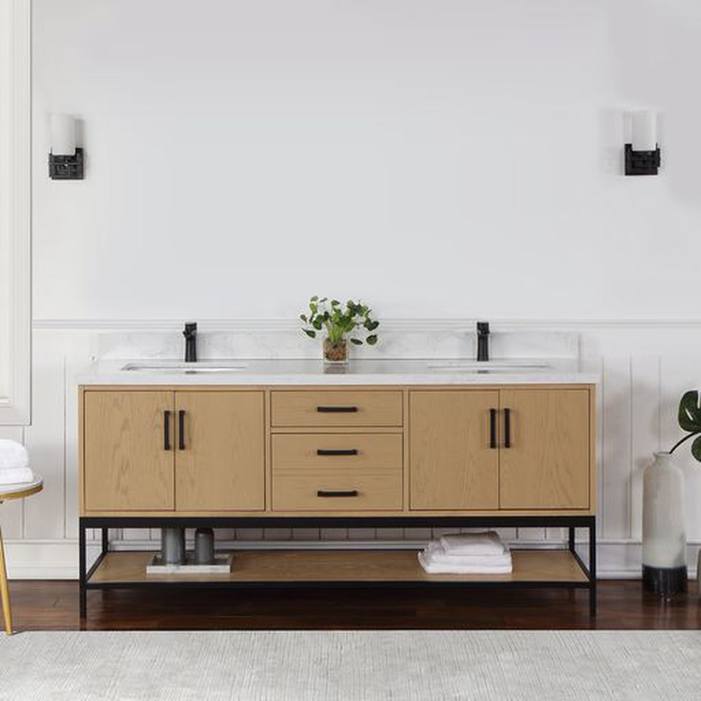 Altair Wildy 72" Washed Oak Freestanding Double Bathroom Vanity Set With Stylish Composite Grain White Stone Top, Two Rectangular Undermount Ceramic Sinks, Overflow, and Backsplash