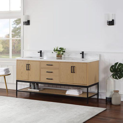 Altair Wildy 72" Washed Oak Freestanding Double Bathroom Vanity Set With Stylish Composite Grain White Stone Top, Two Rectangular Undermount Ceramic Sinks, Overflow, and Backsplash