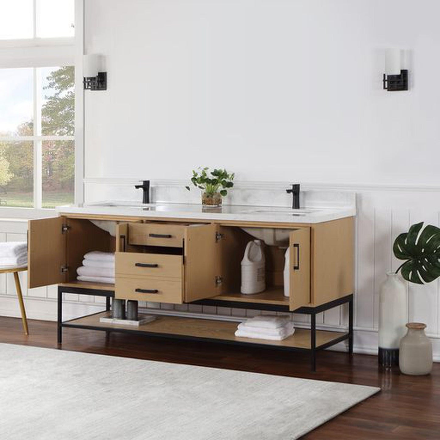 Altair Wildy 72" Washed Oak Freestanding Double Bathroom Vanity Set With Stylish Composite Grain White Stone Top, Two Rectangular Undermount Ceramic Sinks, Overflow, and Backsplash