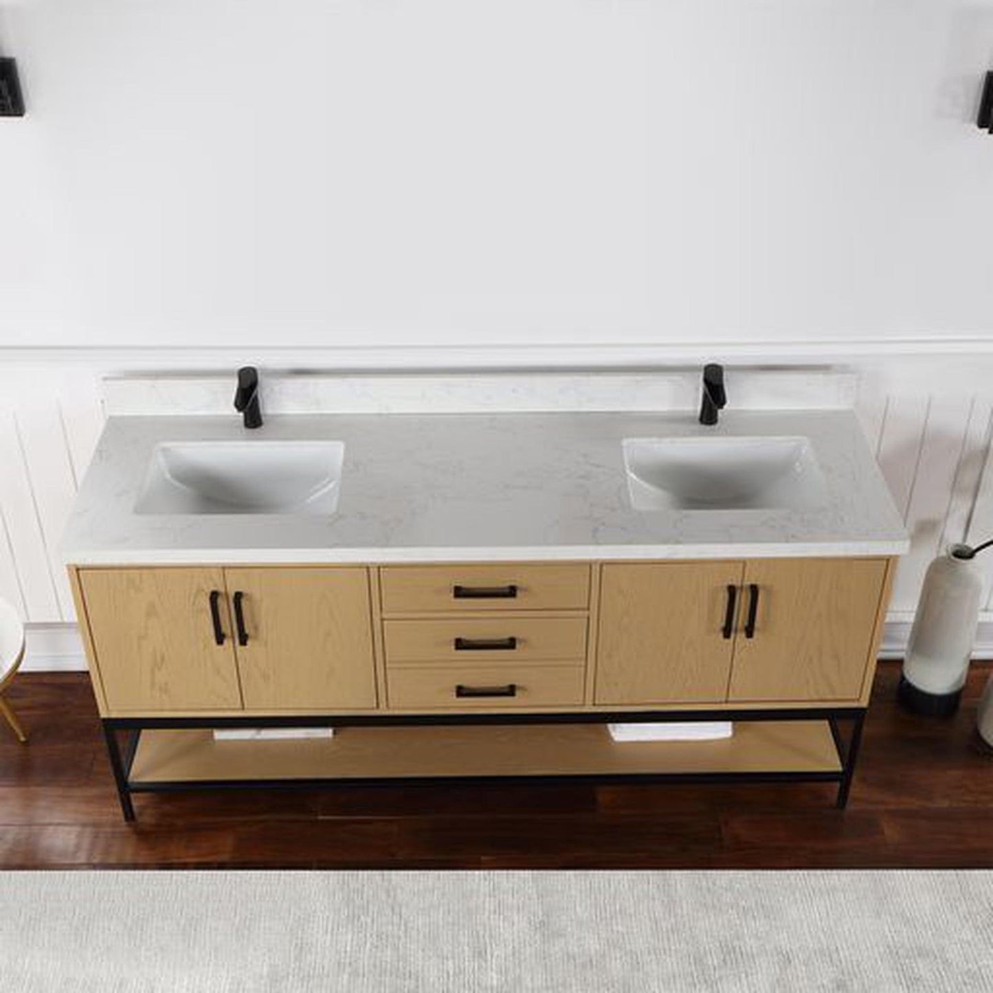 Altair Wildy 72" Washed Oak Freestanding Double Bathroom Vanity Set With Stylish Composite Grain White Stone Top, Two Rectangular Undermount Ceramic Sinks, Overflow, and Backsplash