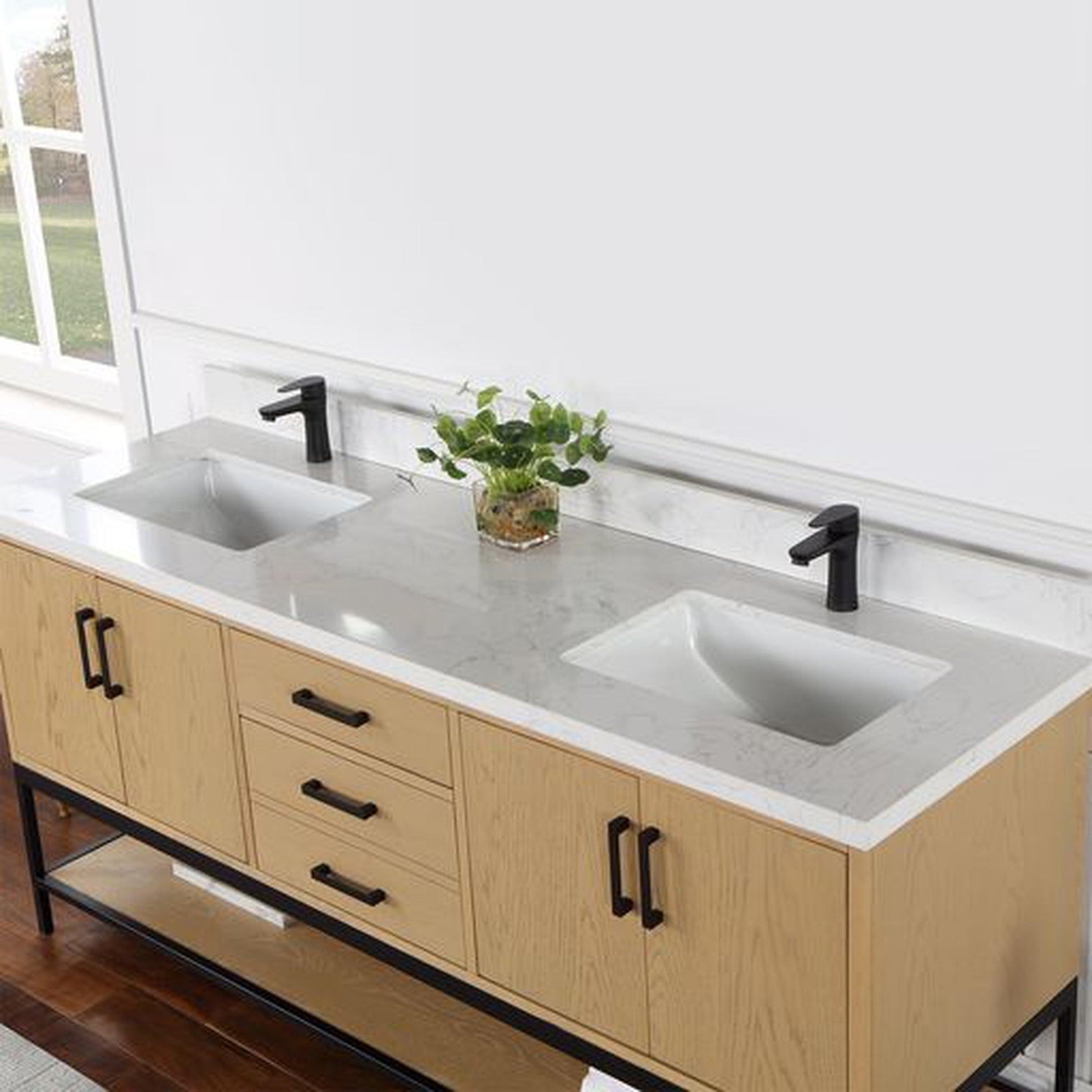 Altair Wildy 72" Washed Oak Freestanding Double Bathroom Vanity Set With Stylish Composite Grain White Stone Top, Two Rectangular Undermount Ceramic Sinks, Overflow, and Backsplash