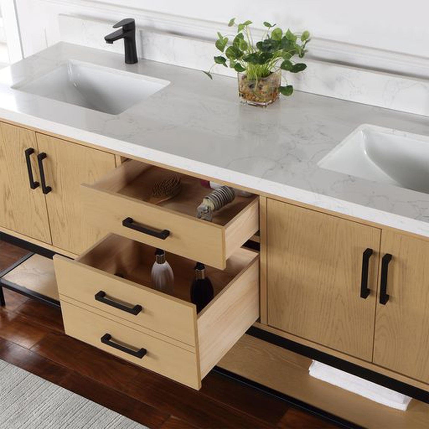 Altair Wildy 72" Washed Oak Freestanding Double Bathroom Vanity Set With Stylish Composite Grain White Stone Top, Two Rectangular Undermount Ceramic Sinks, Overflow, and Backsplash