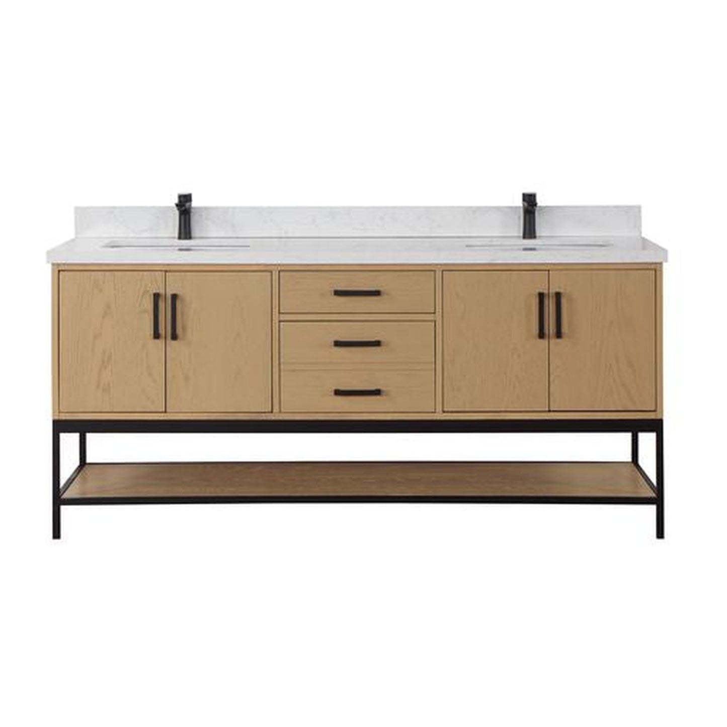 Altair Wildy 72" Washed Oak Freestanding Double Bathroom Vanity Set With Stylish Composite Grain White Stone Top, Two Rectangular Undermount Ceramic Sinks, Overflow, and Backsplash