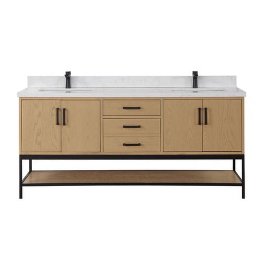 Altair Wildy 72" Washed Oak Freestanding Double Bathroom Vanity Set With Stylish Composite Grain White Stone Top, Two Rectangular Undermount Ceramic Sinks, Overflow, and Backsplash