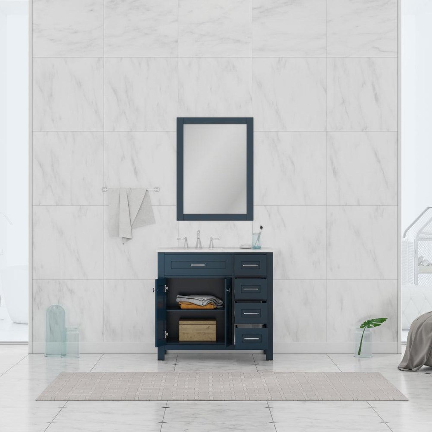 Alya Bath Norwalk 36" Single Blue Freestanding Bathroom Vanity With Drawers, Carrara Marble Top and Ceramic Sink and Wall Mounted Mirror