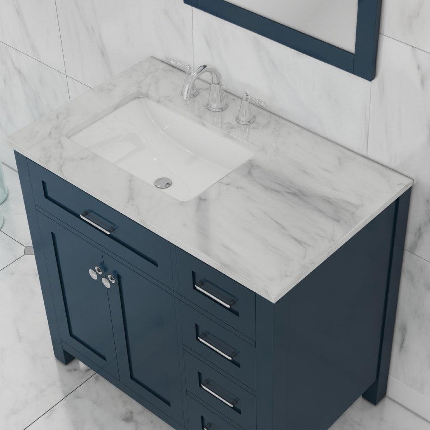 Alya Bath Norwalk 36" Single Blue Freestanding Bathroom Vanity With Drawers, Carrara Marble Top and Ceramic Sink and Wall Mounted Mirror