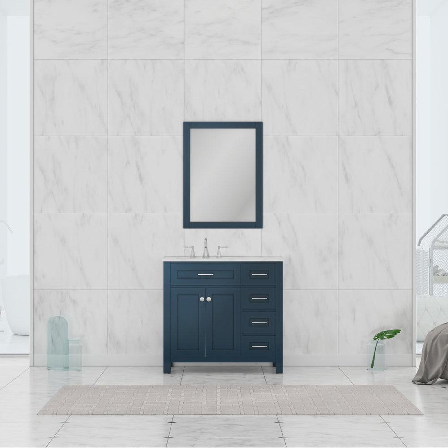 Alya Bath Norwalk 36" Single Blue Freestanding Bathroom Vanity With Drawers, Carrara Marble Top and Ceramic Sink and Wall Mounted Mirror
