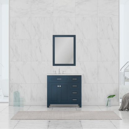 Alya Bath Norwalk 36" Single Blue Freestanding Bathroom Vanity With Drawers, Carrara Marble Top and Ceramic Sink and Wall Mounted Mirror