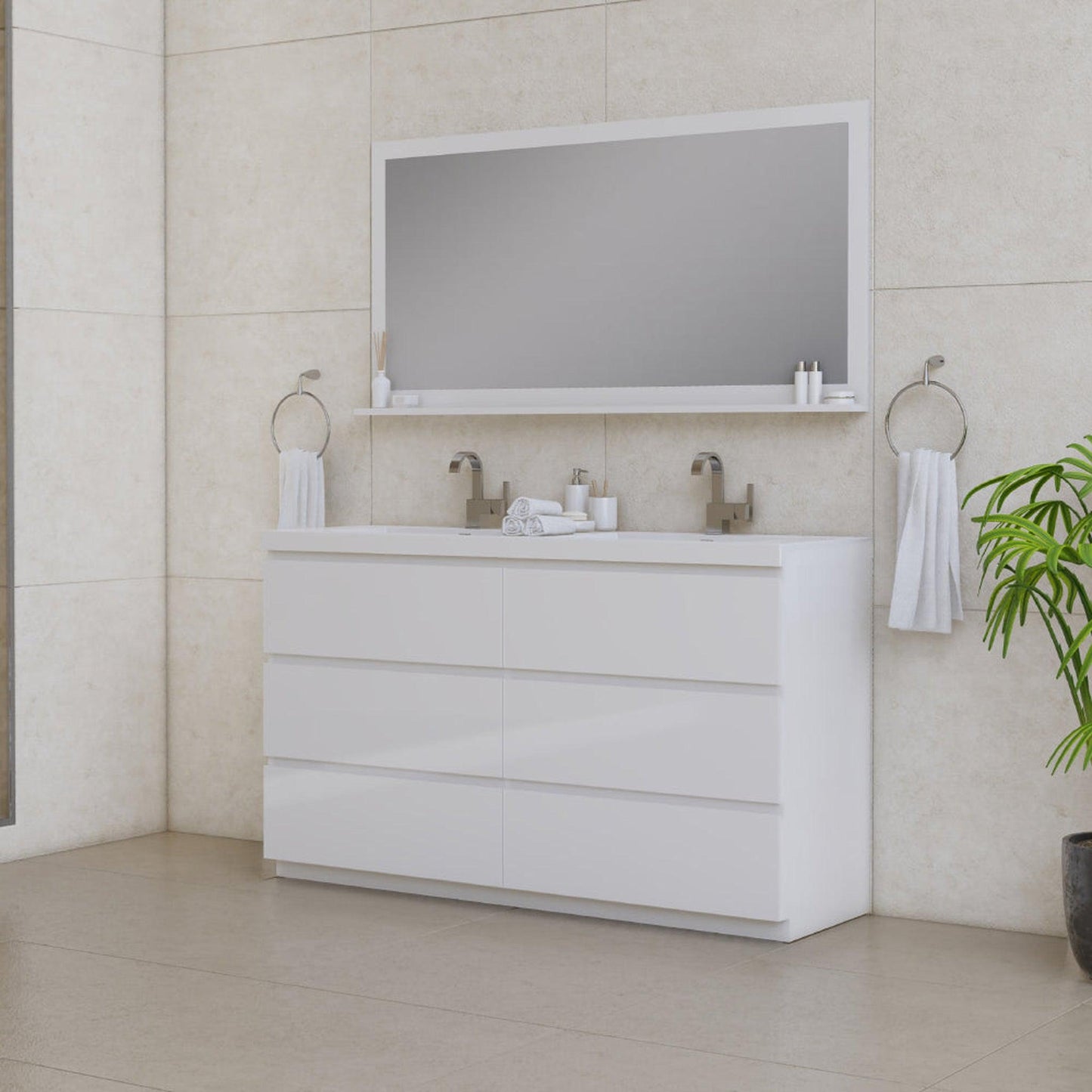 Alya Bath Paterno 60" Double White Modern Freestanding Bathroom Vanity With Acrylic Top and Integrated Sink