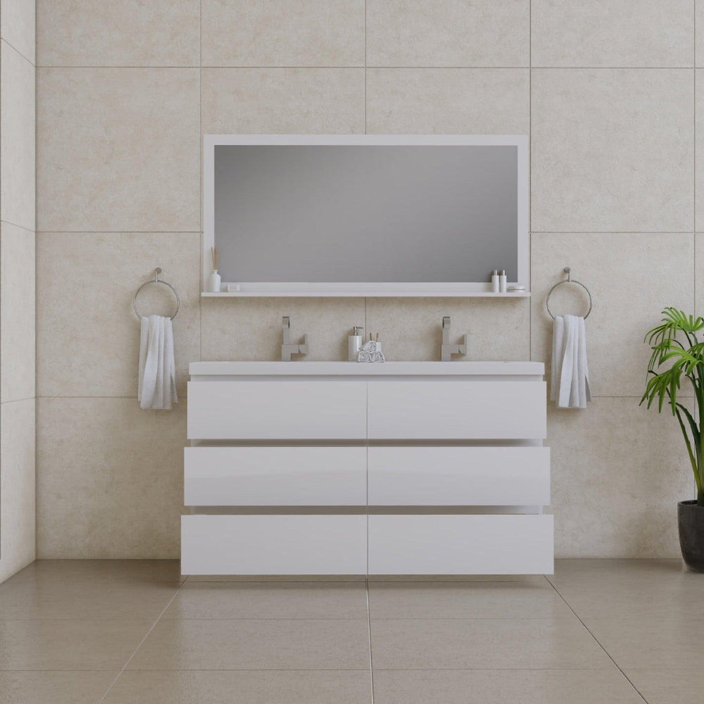 Alya Bath Paterno 60" Double White Modern Freestanding Bathroom Vanity With Acrylic Top and Integrated Sink