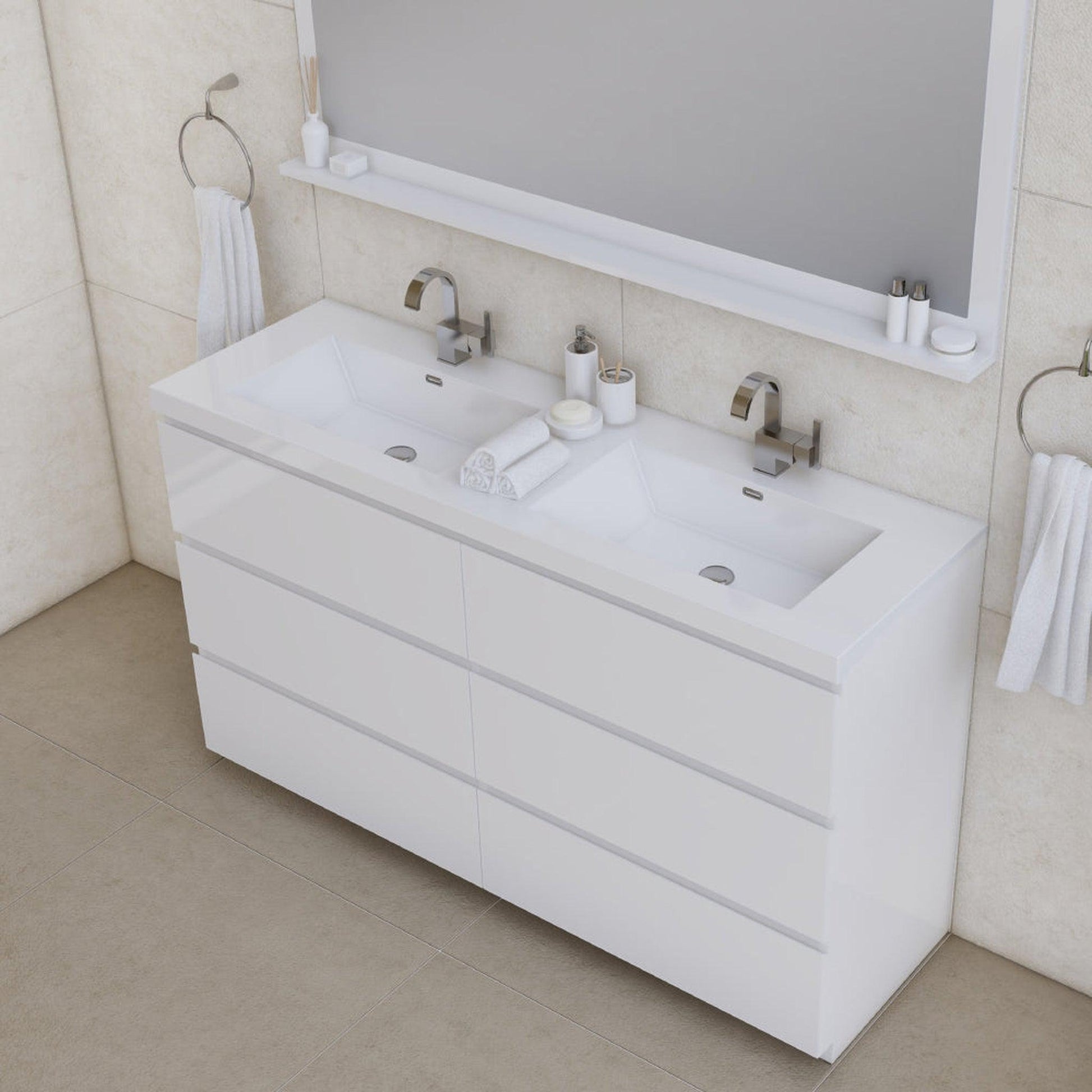 Alya Bath Paterno 60" Double White Modern Freestanding Bathroom Vanity With Acrylic Top and Integrated Sink