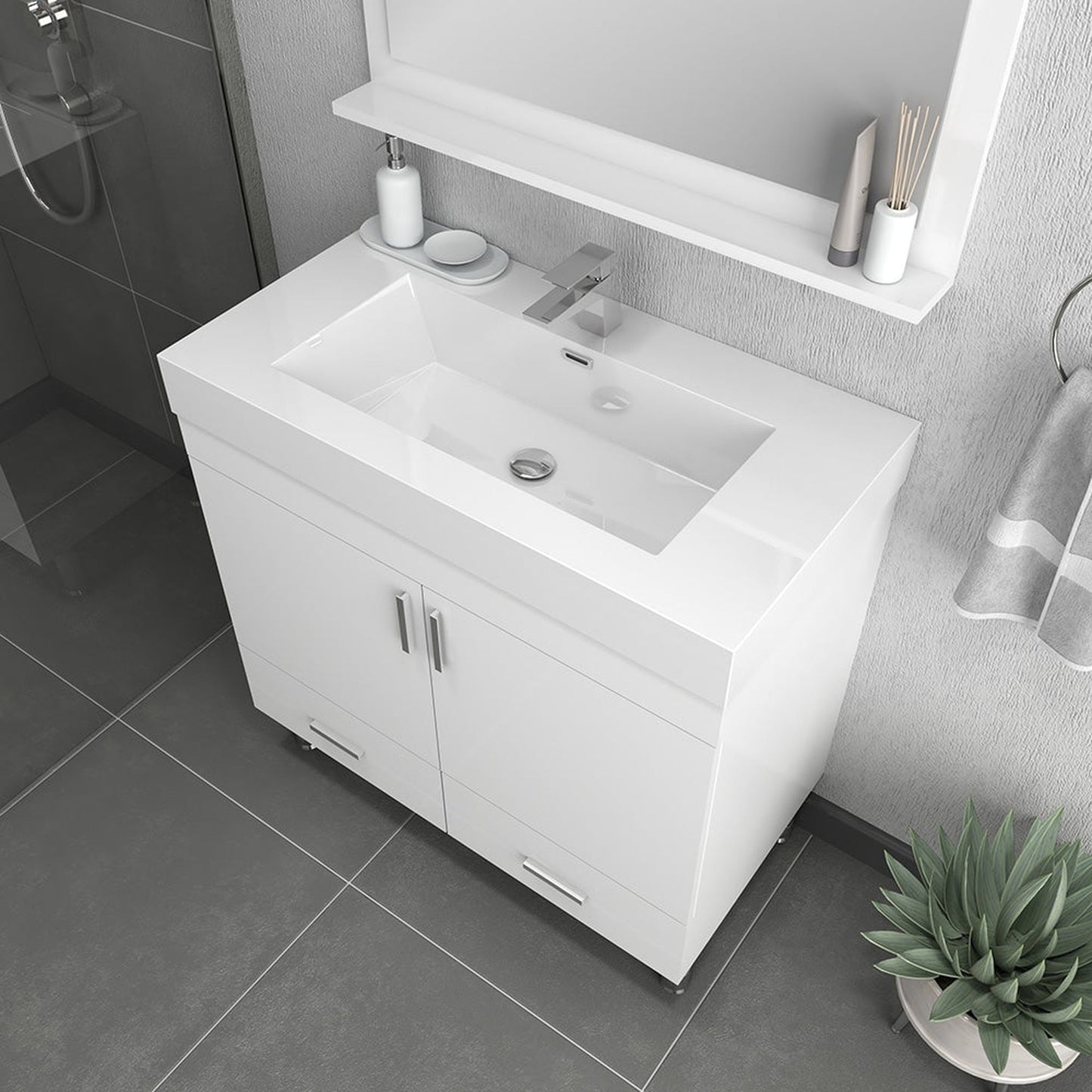 Alya Bath Ripley 36" Single White Modern Freestanding Bathroom Vanity With Integrated Acrylic Top, Acrylic Sink and Wall Mounted Mirror
