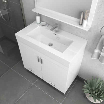 Alya Bath Ripley 36" Single White Modern Freestanding Bathroom Vanity With Integrated Acrylic Top, Acrylic Sink and Wall Mounted Mirror