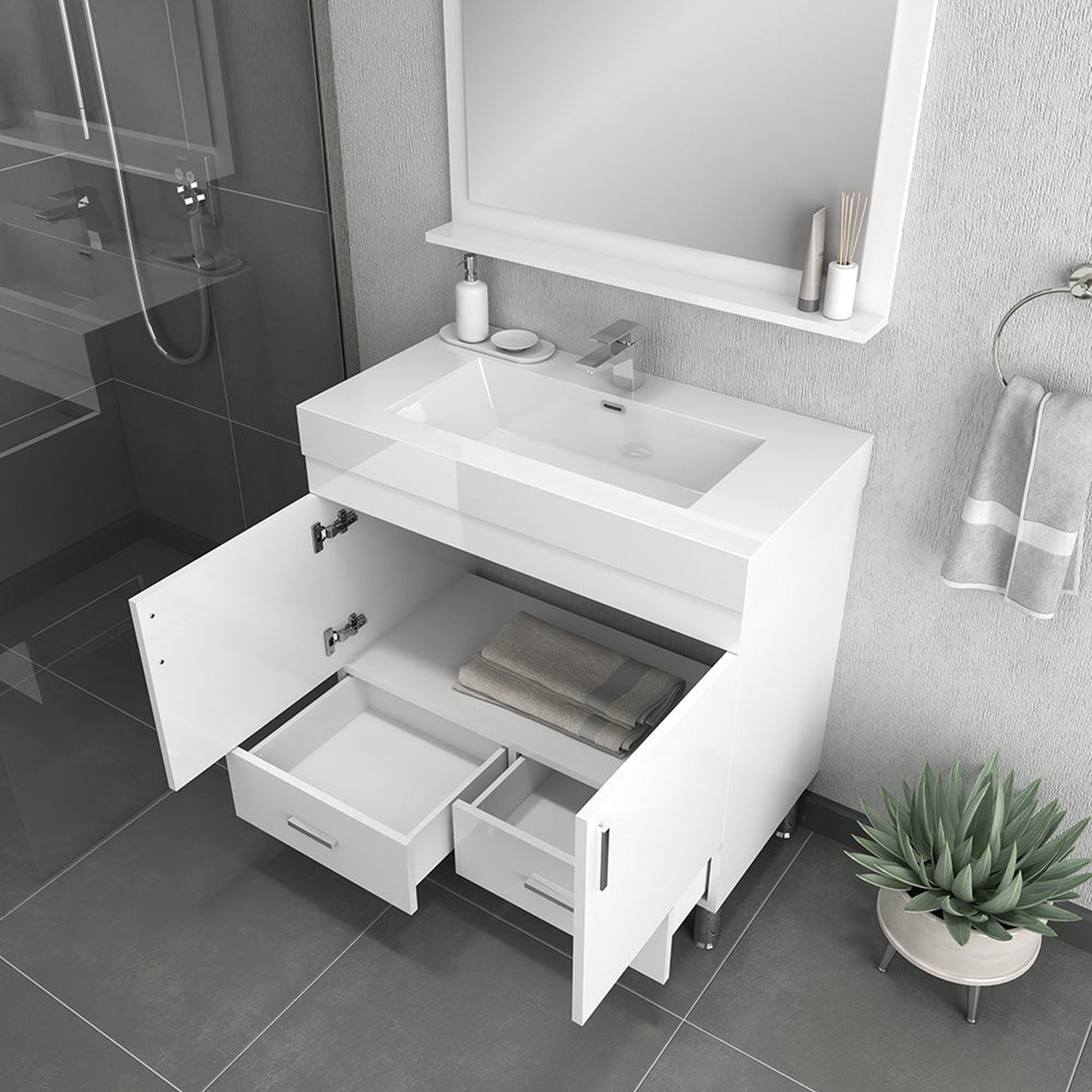 Alya Bath Ripley 36" Single White Modern Freestanding Bathroom Vanity With Integrated Acrylic Top, Acrylic Sink and Wall Mounted Mirror