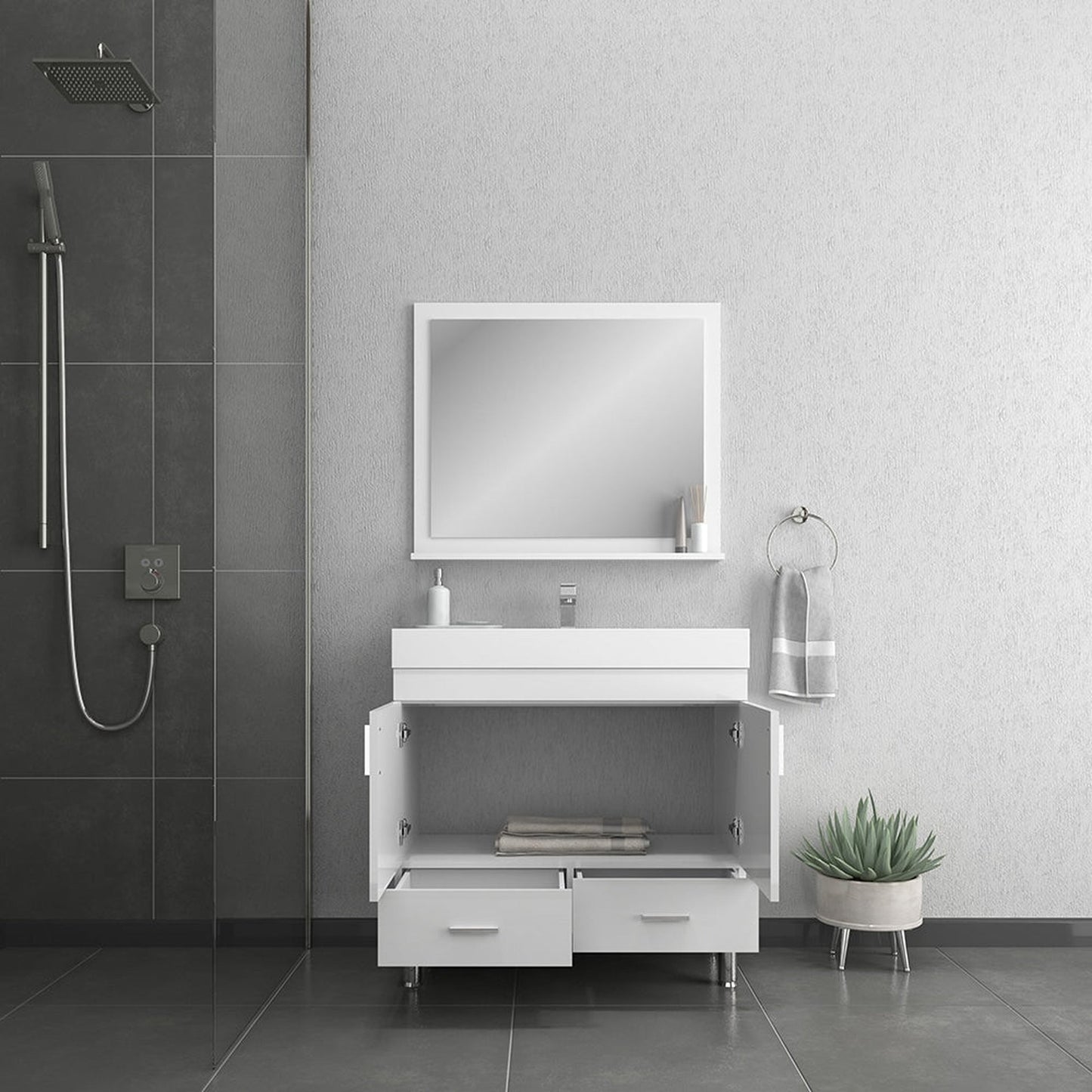 Alya Bath Ripley 36" Single White Modern Freestanding Bathroom Vanity With Integrated Acrylic Top, Acrylic Sink and Wall Mounted Mirror