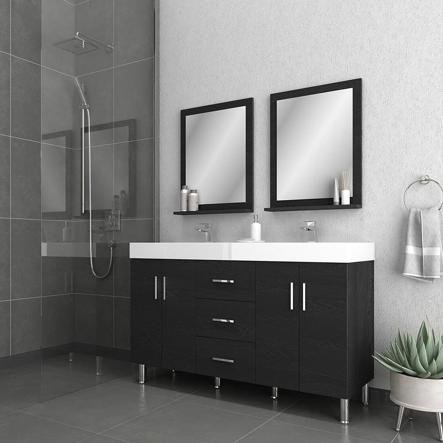 Alya Bath Ripley 60" Double Black Modern Freestanding Bathroom Vanity With Integrated Acrylic Top, Acrylic Sink and Wall Mounted Mirror