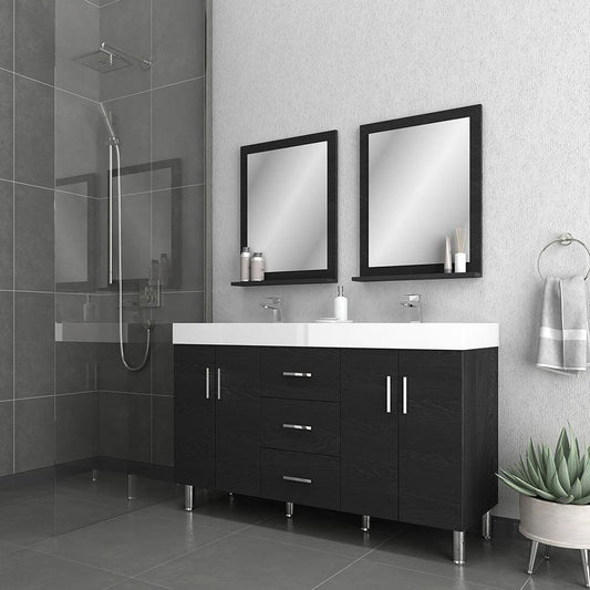 Alya Bath Ripley 60" Double Black Modern Freestanding Bathroom Vanity With Integrated Acrylic Top, Acrylic Sink and Wall Mounted Mirror