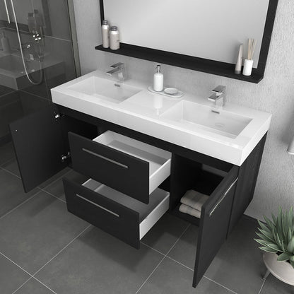 Alya Bath Ripley 60" Double Black Modern Wall Mounted Bathroom Vanity With Integrated Acrylic Top, Acrylic Sink and Wall Mounted Mirror