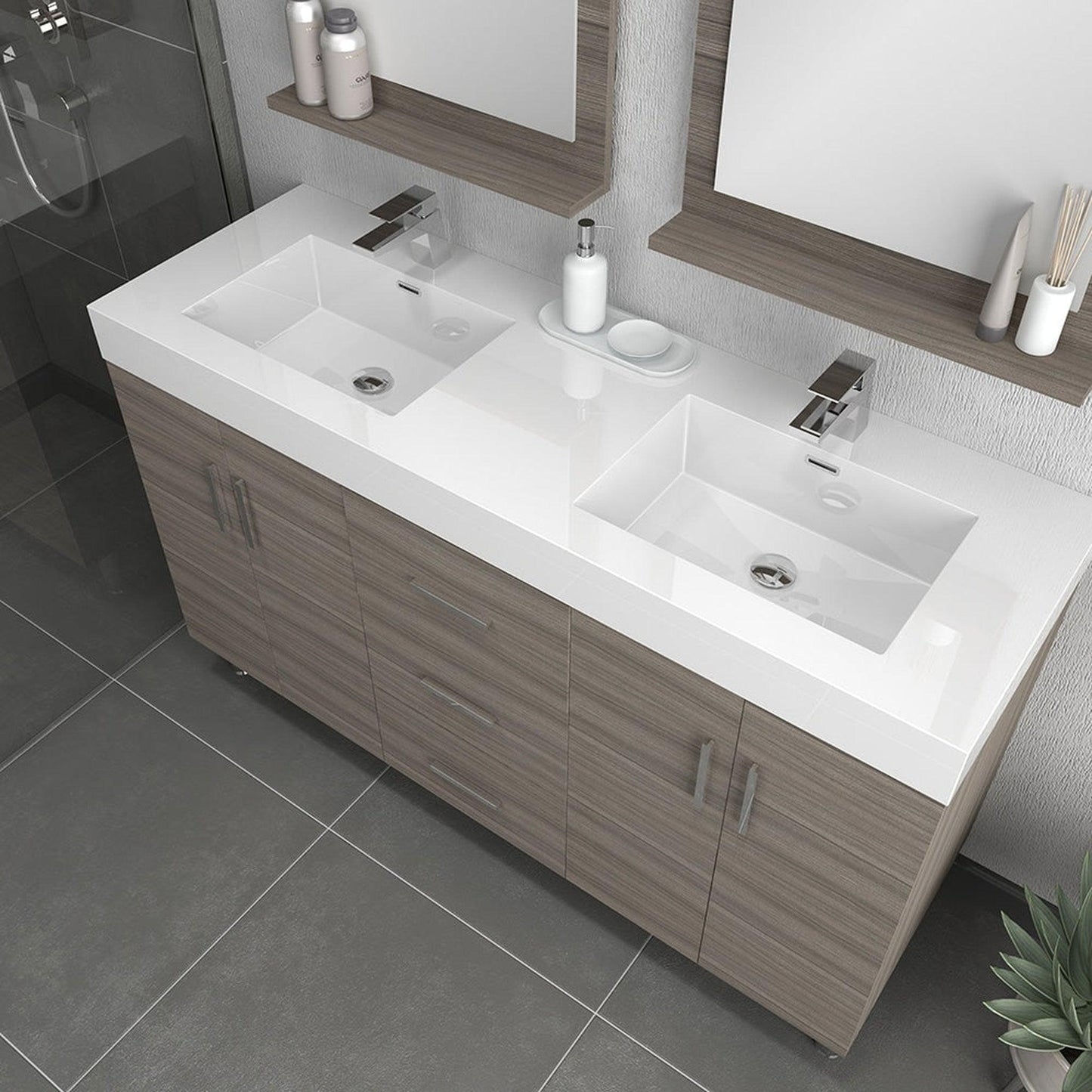 Alya Bath Ripley 60" Double Gray Modern Freestanding Bathroom Vanity With Integrated Acrylic Top, Acrylic Sink and Wall Mounted Mirror