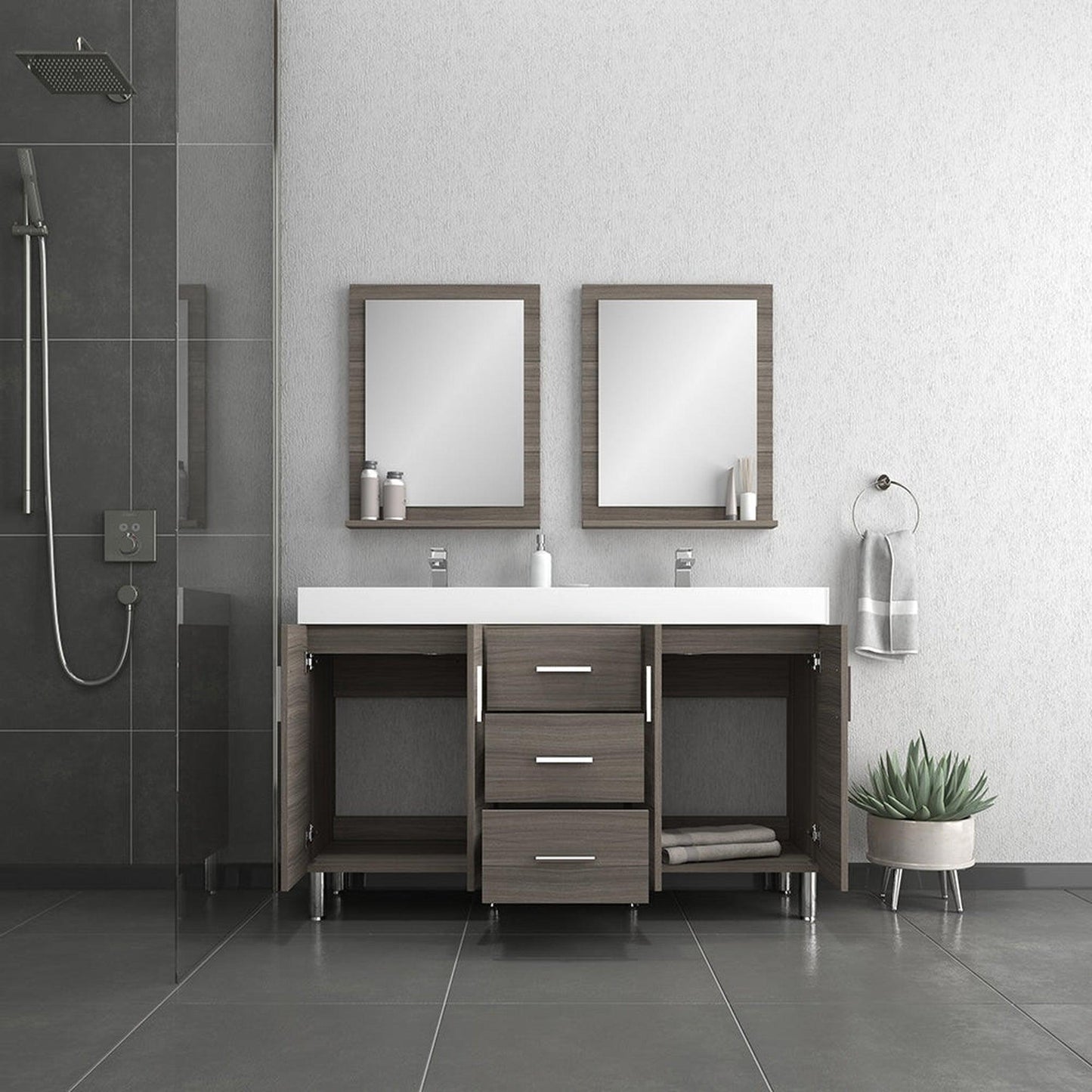 Alya Bath Ripley 60" Double Gray Modern Freestanding Bathroom Vanity With Integrated Acrylic Top, Acrylic Sink and Wall Mounted Mirror