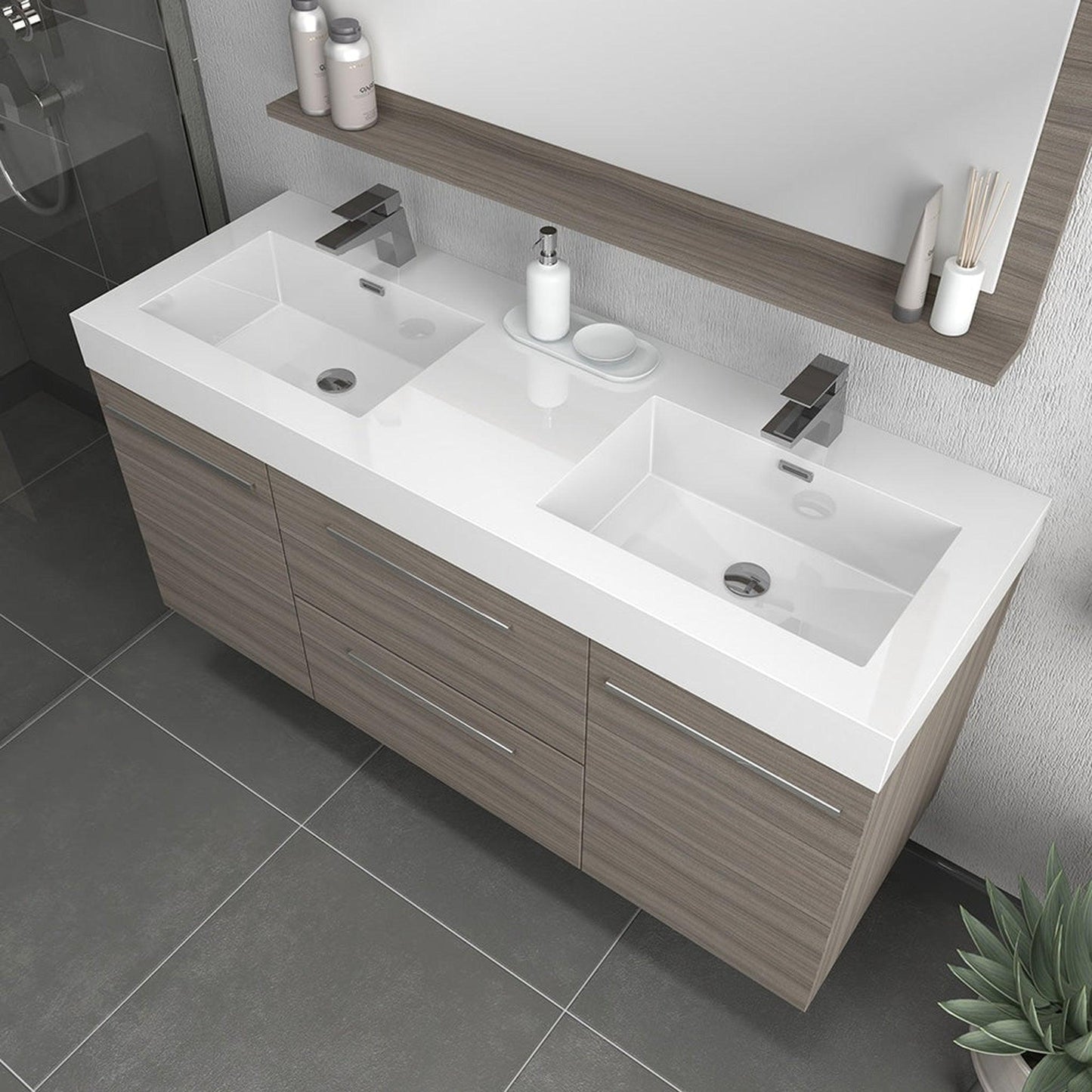 Alya Bath Ripley 60" Double Gray Modern Wall Mounted Bathroom Vanity With Integrated Acrylic Top, Acrylic Sink and Wall Mounted Mirror