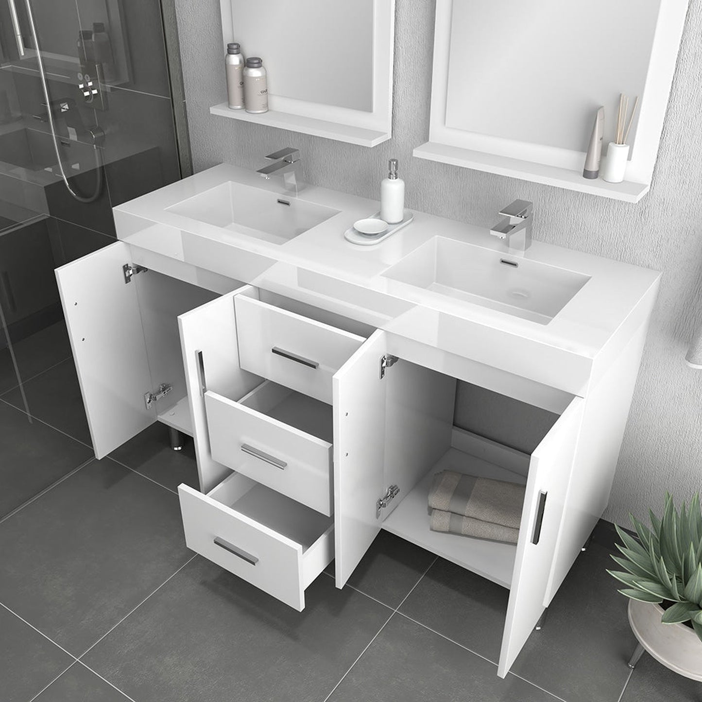 Alya Bath Ripley 60" Double White Modern Freestanding Double Bathroom Vanity With Integrated Acrylic Top, Acrylic Sink and Wall Mounted Mirror