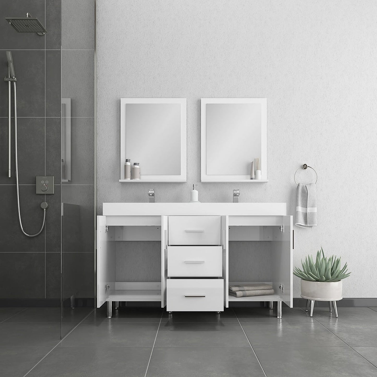 Alya Bath Ripley 60" Double White Modern Freestanding Double Bathroom Vanity With Integrated Acrylic Top, Acrylic Sink and Wall Mounted Mirror