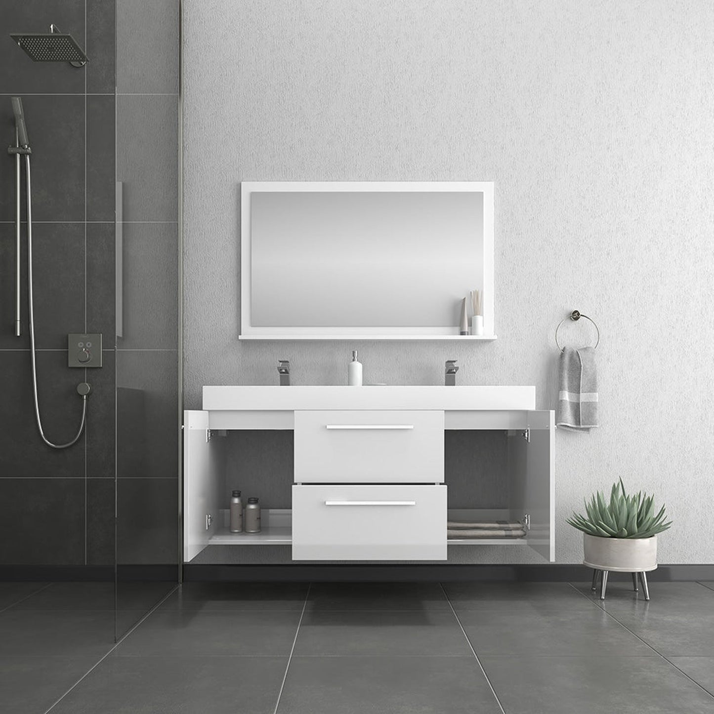 Alya Bath Ripley 60" Double White Modern Wall Mounted Bathroom Vanity With Integrated Acrylic Top, Acrylic Sink and Wall Mounted Mirror