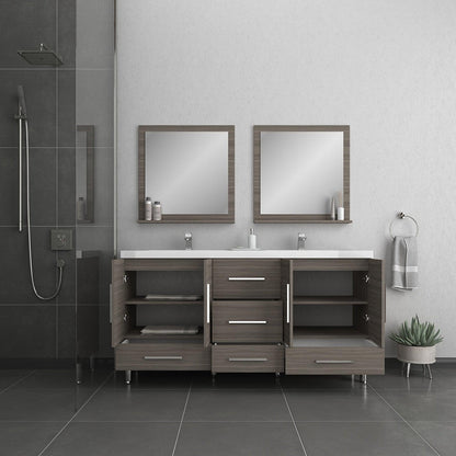 Alya Bath Ripley 72" Double Gray Modern Freestanding Bathroom Vanity With Integrated Acrylic Top, Acrylic Sink and Wall Mounted Mirror