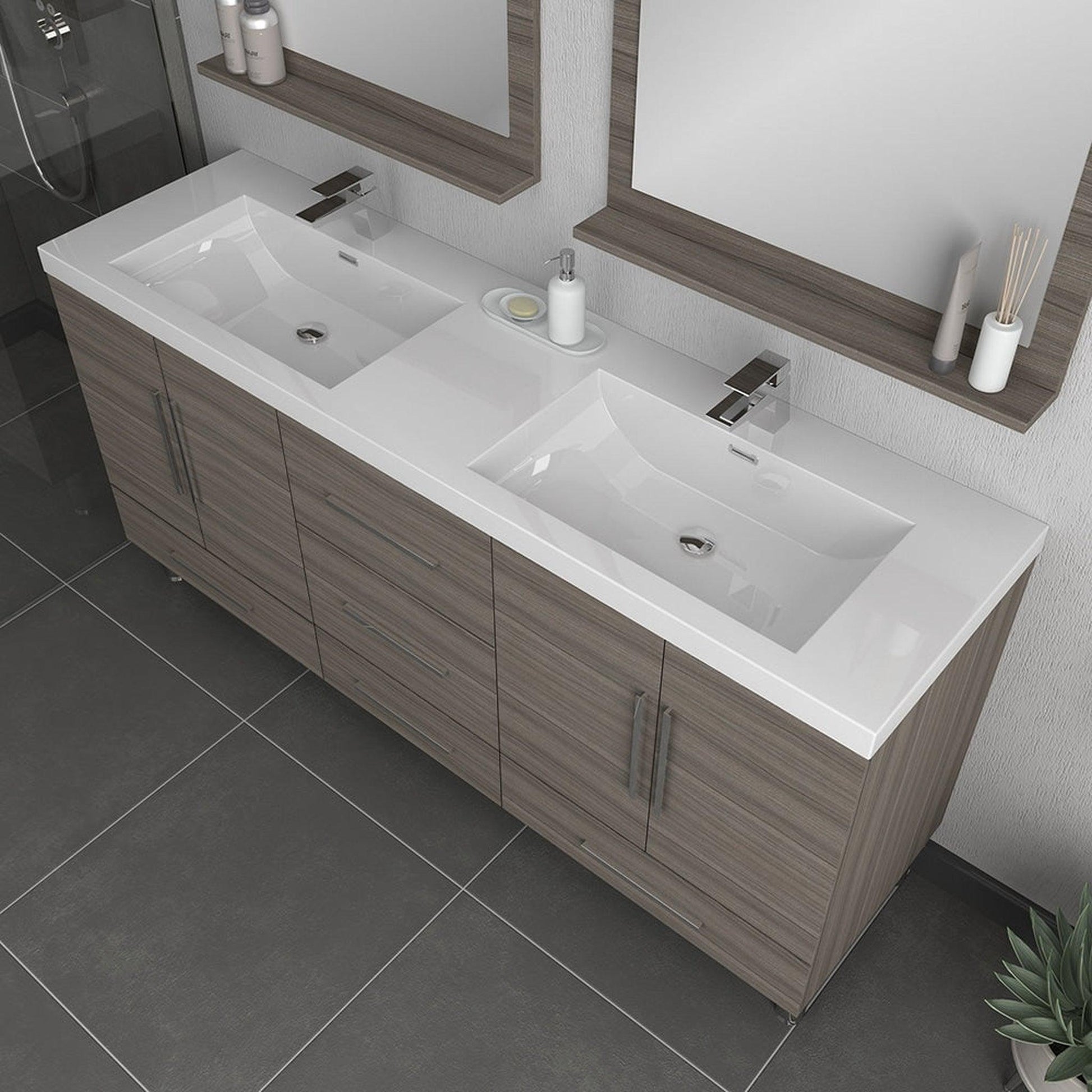 Alya Bath Ripley 72" Double Gray Modern Freestanding Bathroom Vanity With Integrated Acrylic Top, Acrylic Sink and Wall Mounted Mirror