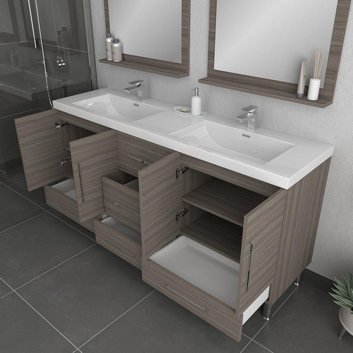 Alya Bath Ripley 72" Double Gray Modern Freestanding Bathroom Vanity With Integrated Acrylic Top, Acrylic Sink and Wall Mounted Mirror