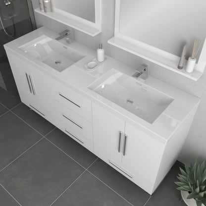 Alya Bath Ripley 72" Double White Modern Freestanding Bathroom Vanity With Integrated Acrylic Top, Acrylic Sink and Wall Mounted Mirror