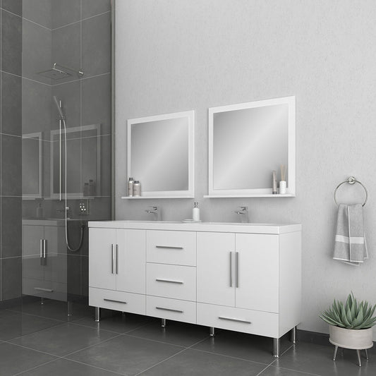 Alya Bath Ripley 72" Double White Modern Freestanding Bathroom Vanity With Integrated Acrylic Top, Acrylic Sink and Wall Mounted Mirror
