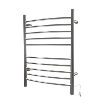 Amba Radiant Curved 10-Bar Brushed Stainless Steel Hardwired and Plug-in Combo Towel Warmer With Integrated On/Off Switch