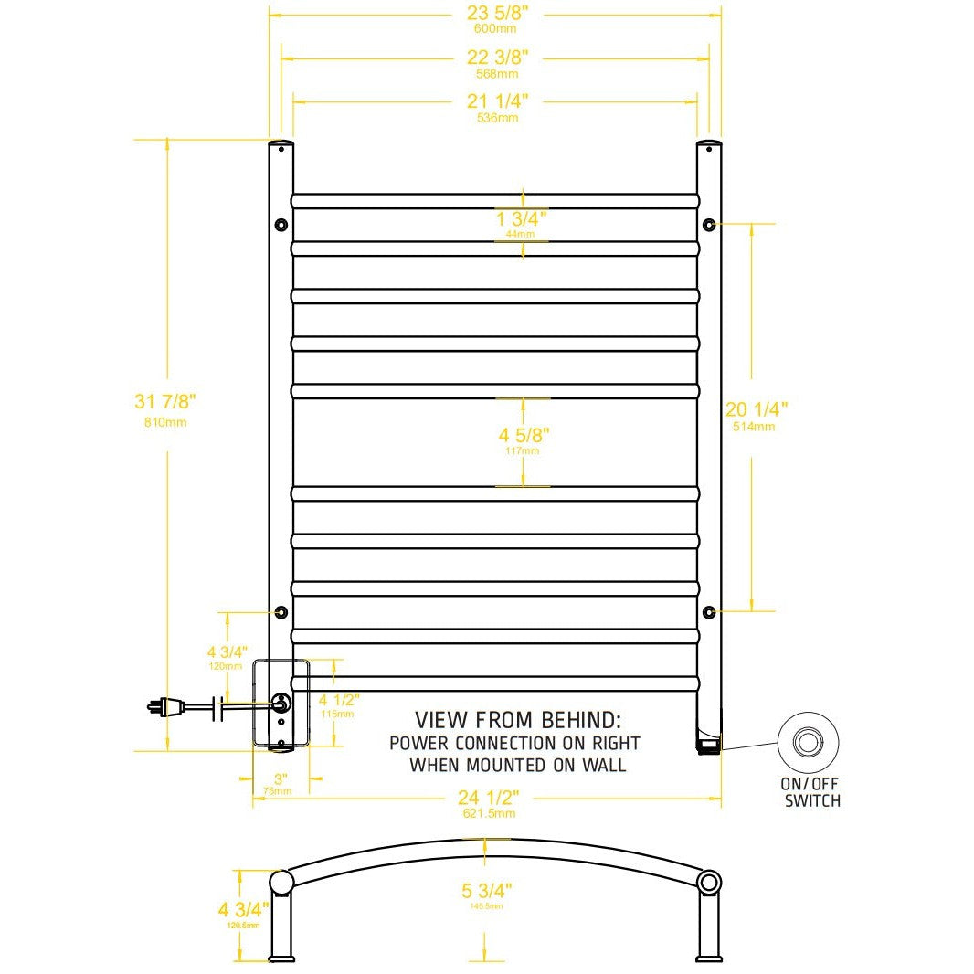 Amba Radiant Curved 10-Bar Brushed Stainless Steel Hardwired and Plug-in Combo Towel Warmer With Integrated On/Off Switch