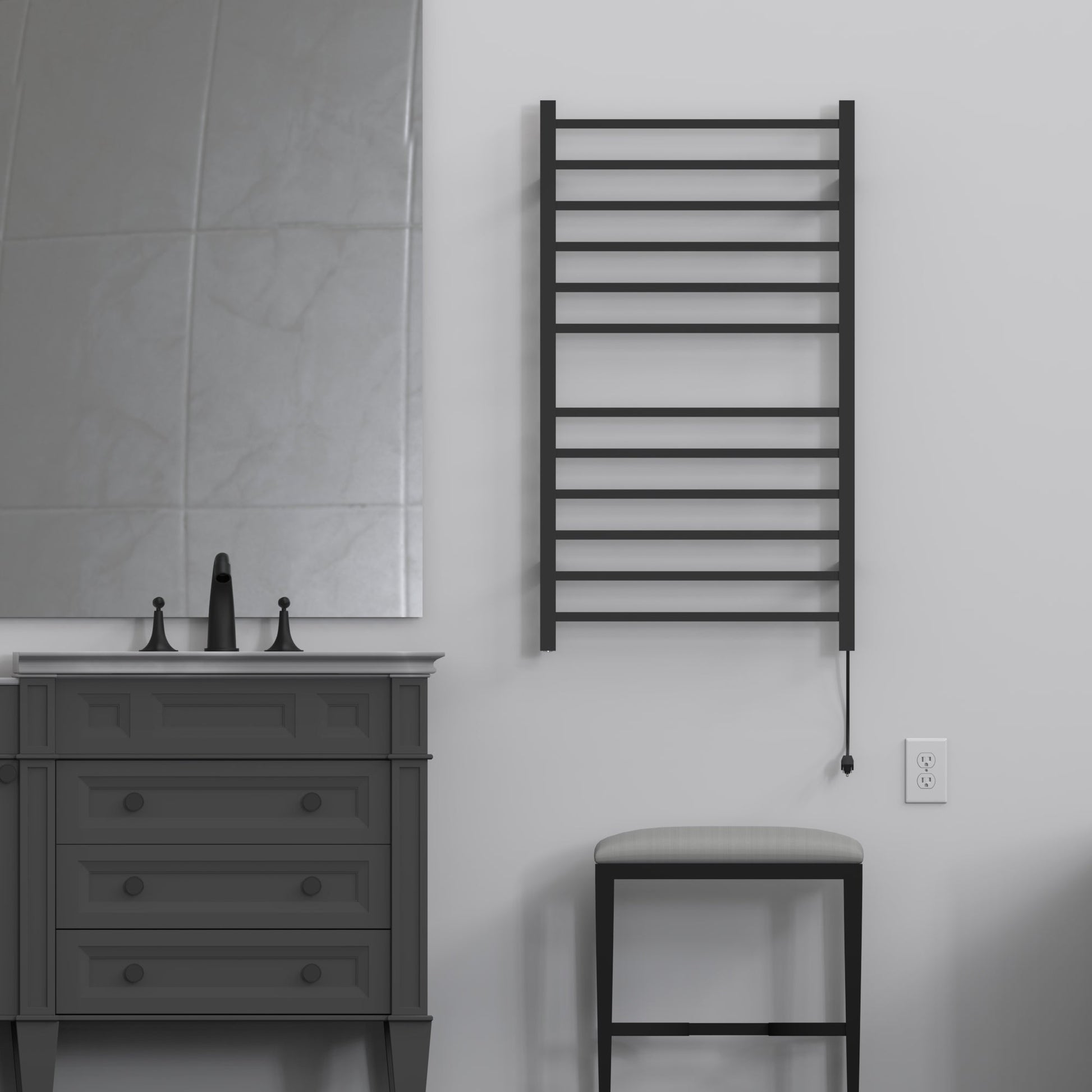 Amba Radiant Large Square 12-Bar Matte Black Hardwired and Plug-in Combo Towel Warmer