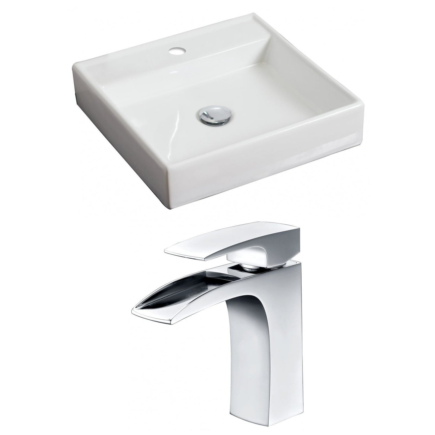 American Imaginations AI-15060 18" White Square Ceramic Above Counter Bathroom Vessel Sink Set