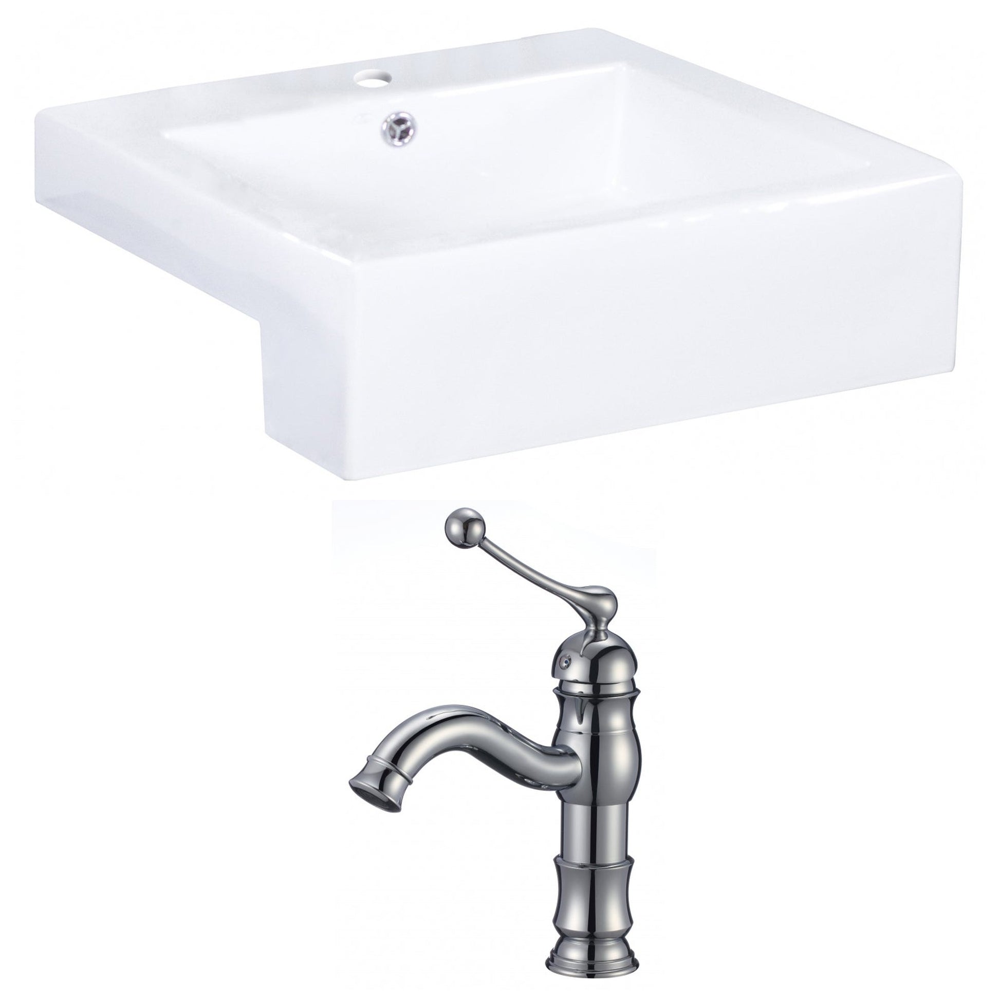 American Imaginations AI-15256 20" White Rectangular Ceramic Semi-Recessed Bathroom Vessel Sink Set
