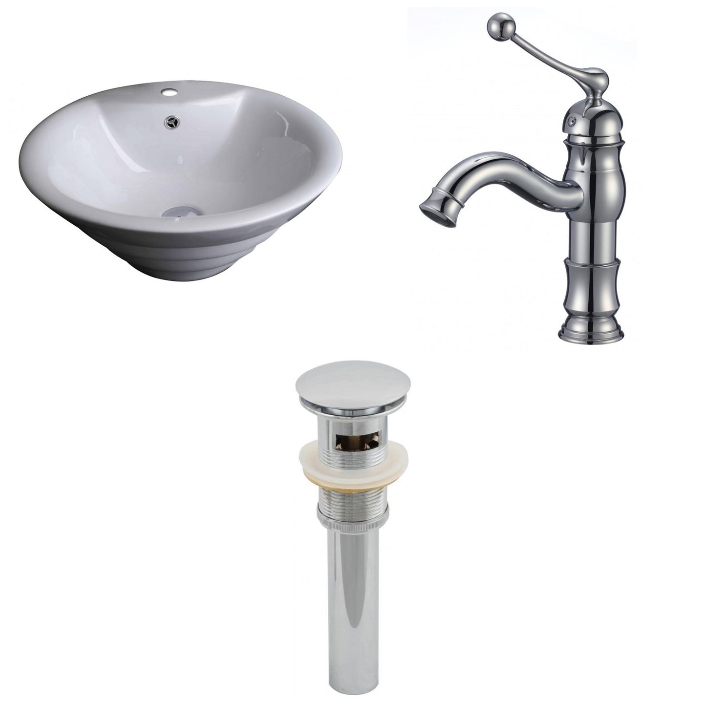 American Imaginations AI-15372 19" White Round Ceramic Above Counter Bathroom Vessel Sink Set
