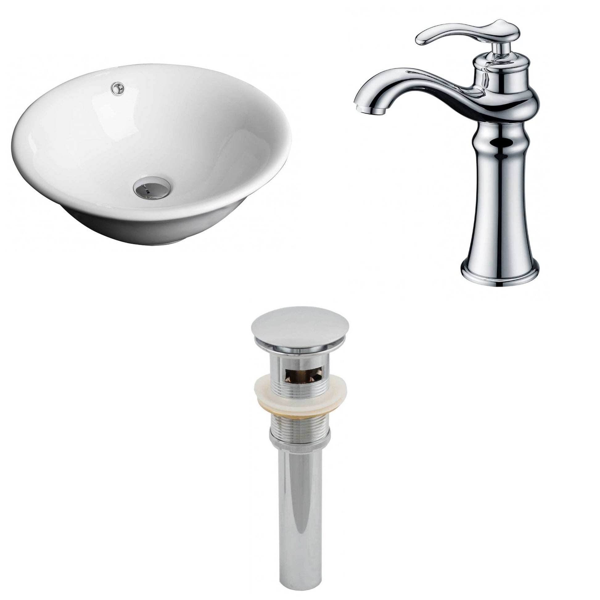American Imaginations AI-15385 17" White Round Ceramic Above Counter Bathroom Vessel Sink Set