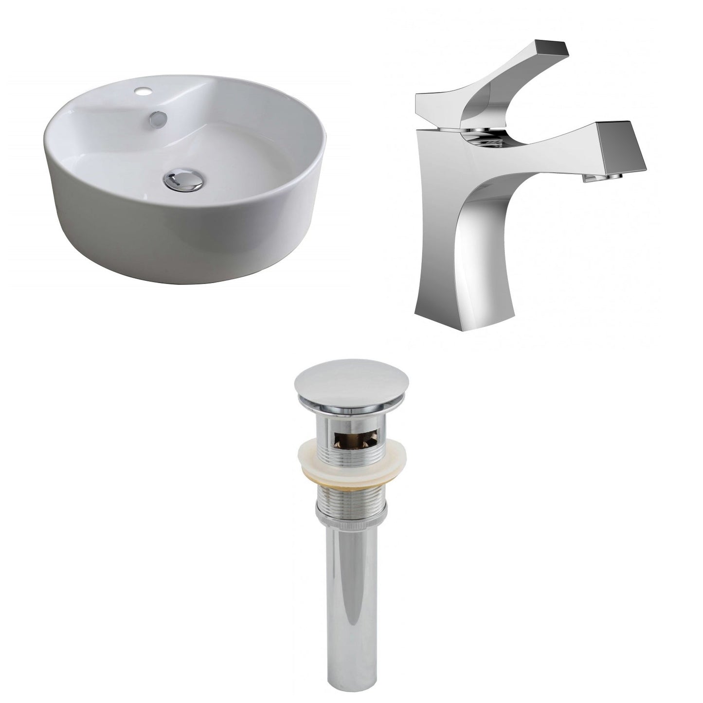 American Imaginations AI-15389 18" White Round Ceramic Above Counter Bathroom Vessel Sink Set
