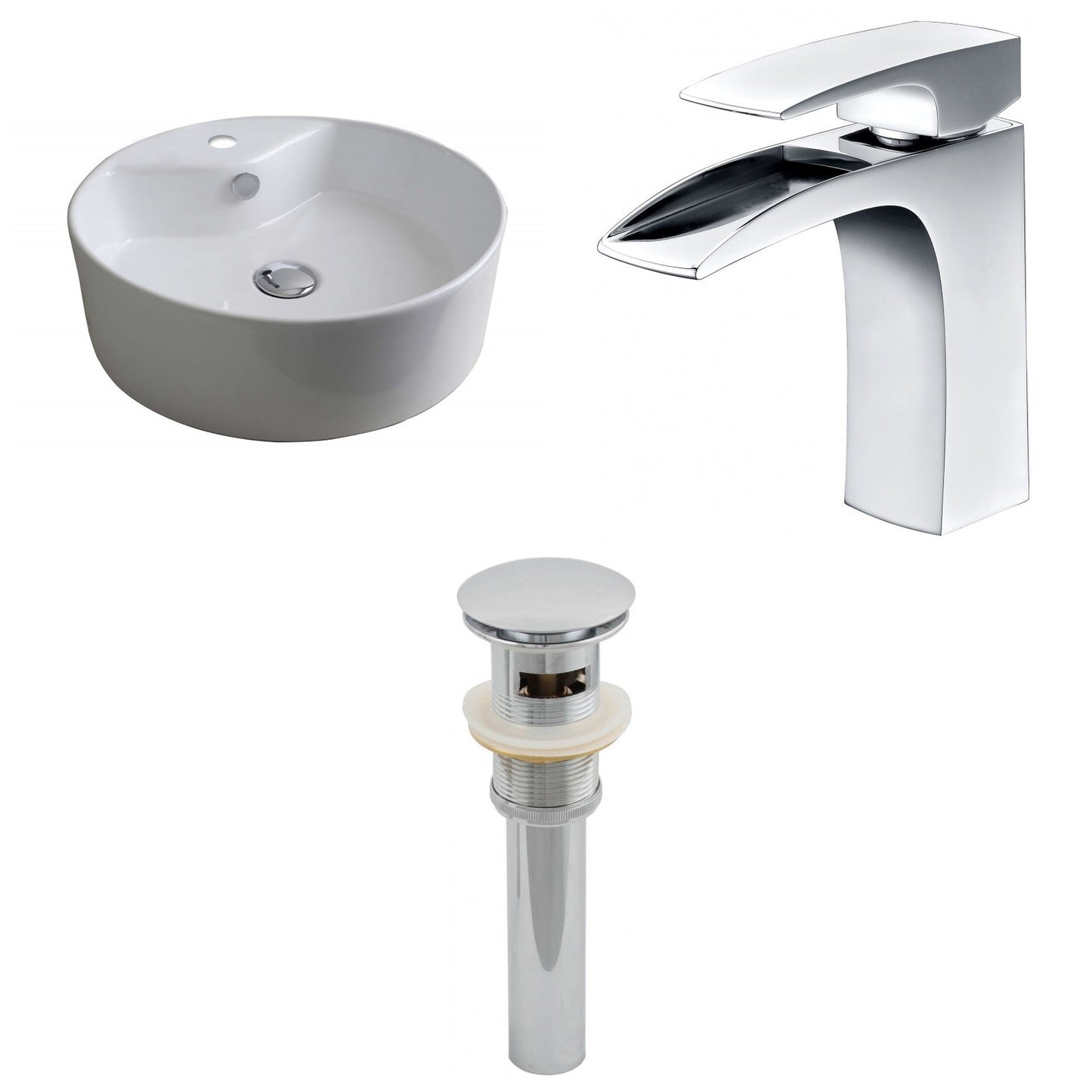 American Imaginations AI-15393 18" White Round Ceramic Above Counter Bathroom Vessel Sink Set