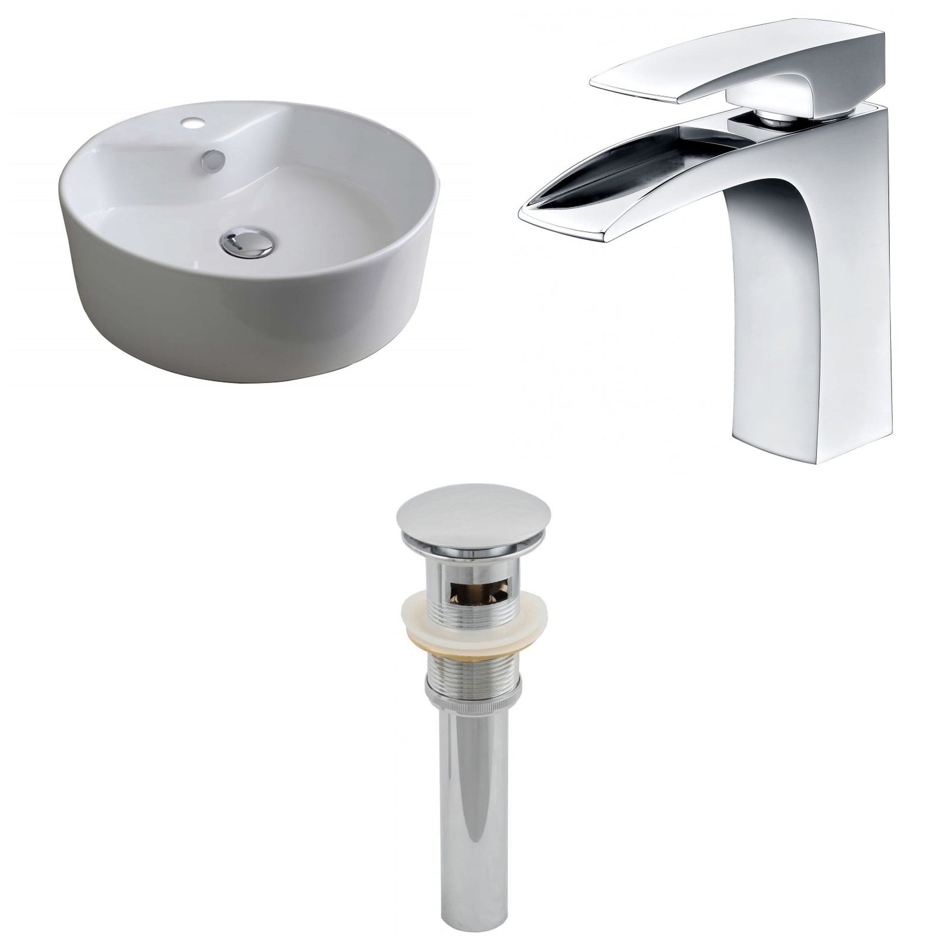American Imaginations AI-15393 18" White Round Ceramic Above Counter Bathroom Vessel Sink Set