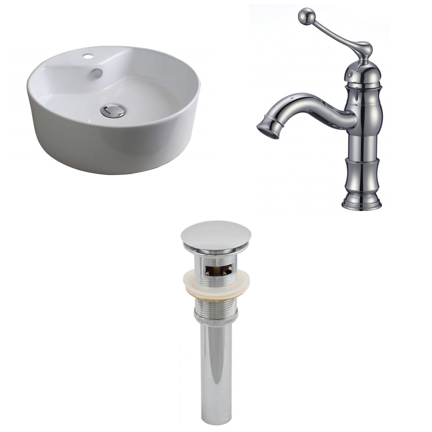 American Imaginations AI-15394 18" White Round Ceramic Above Counter Bathroom Vessel Sink Set