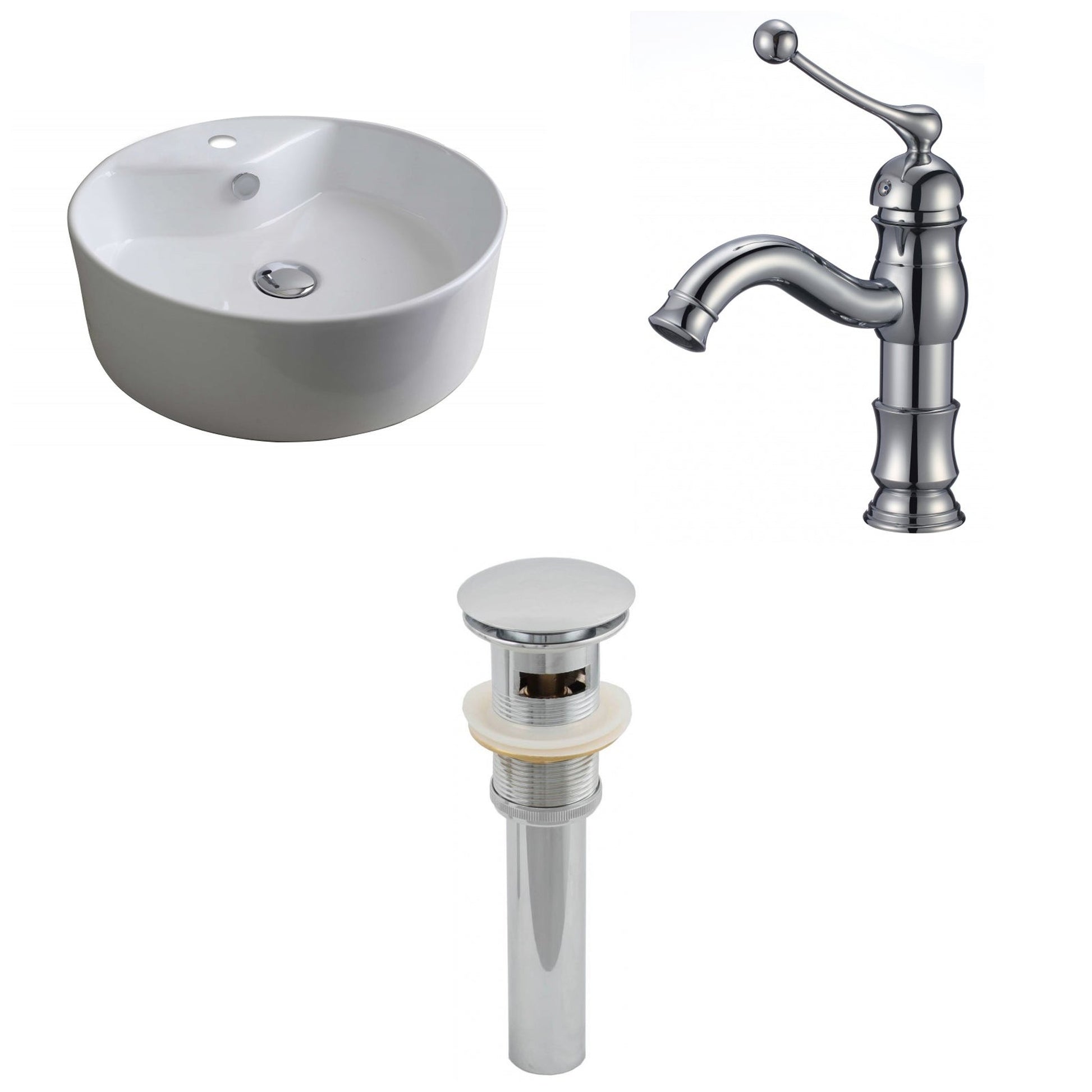 American Imaginations AI-15394 18" White Round Ceramic Above Counter Bathroom Vessel Sink Set