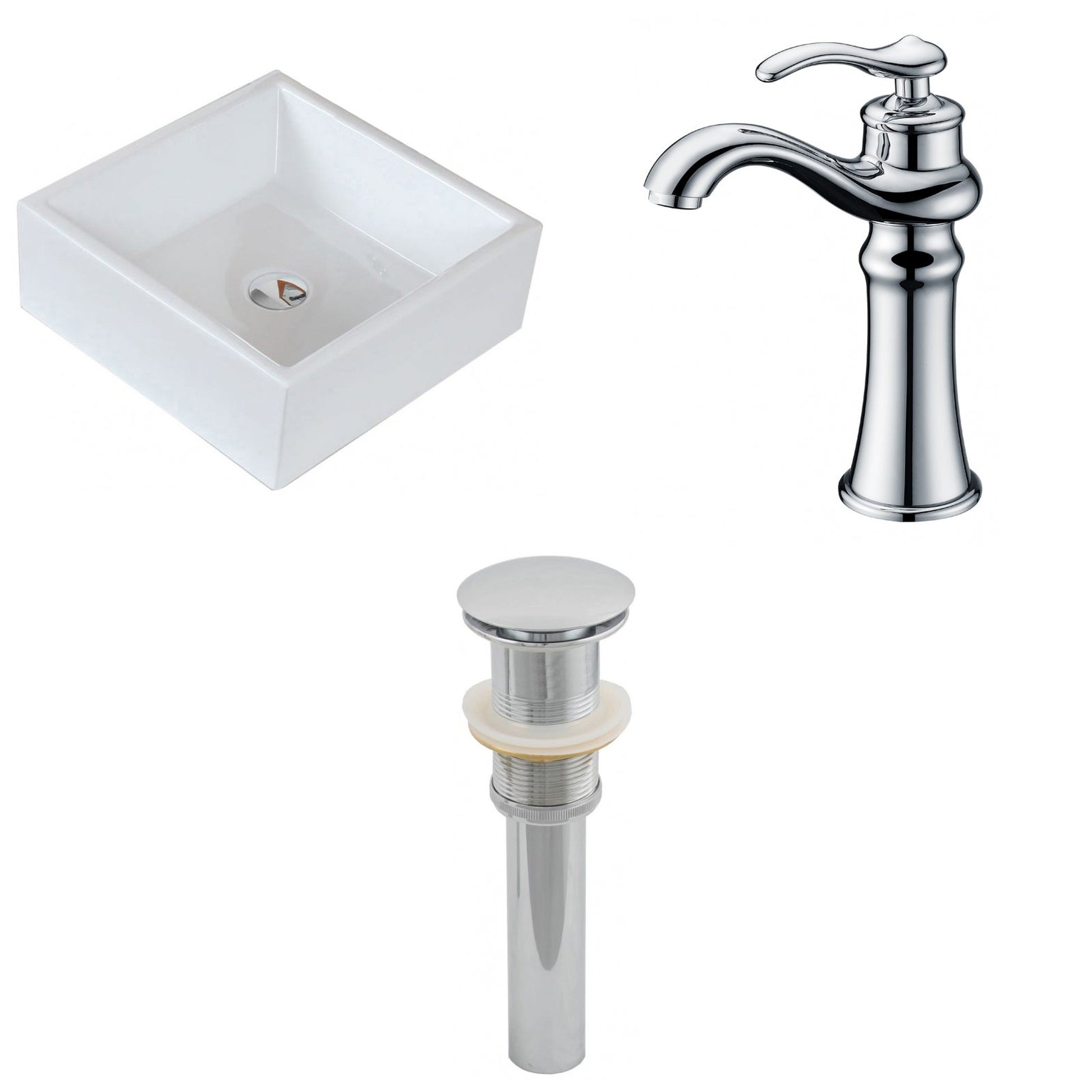 American Imaginations AI-15395 15" White Square Ceramic Above Counter Bathroom Vessel Sink Set