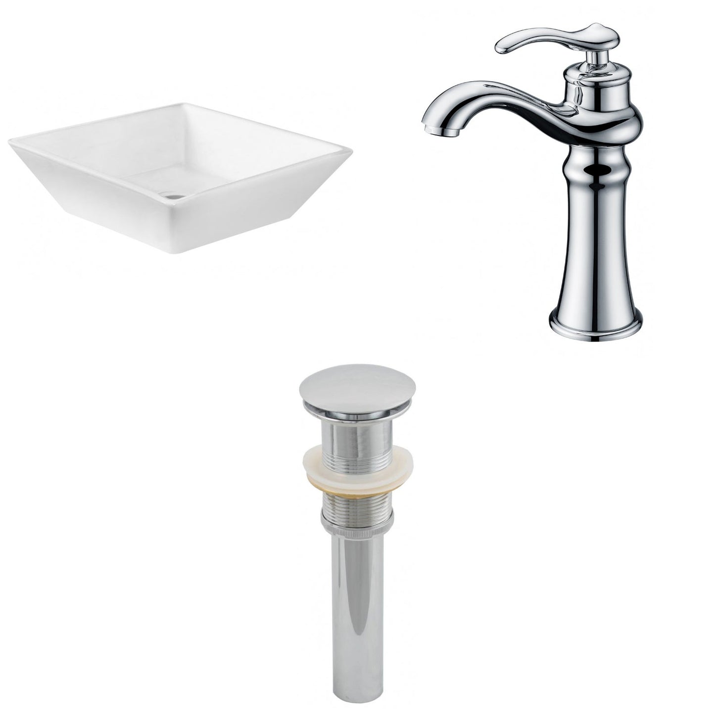American Imaginations AI-15411 16" White Square Ceramic Above Counter Bathroom Vessel Sink Set